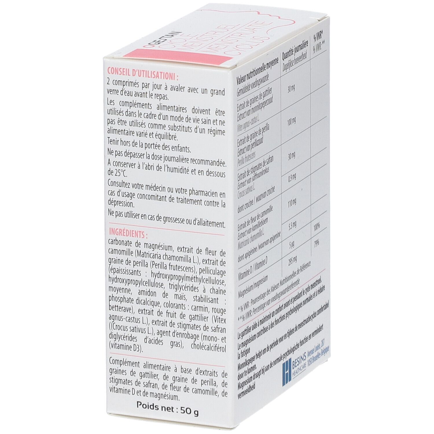 Ogestan Cycle Menstruel-Verpackung. Schräge Ansicht mit Gebrauchsanweisung und Inhaltsstoffen. 50g.