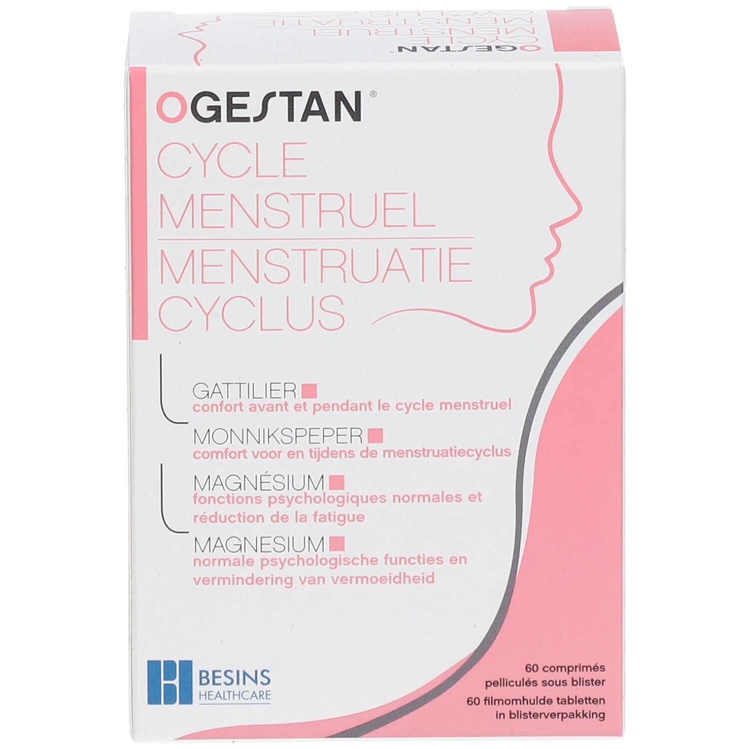 Ogestan Cycle Menstruel-Verpackung. Vorderansicht mit Produktnamen und Inhaltsangaben. 60 Tabletten.