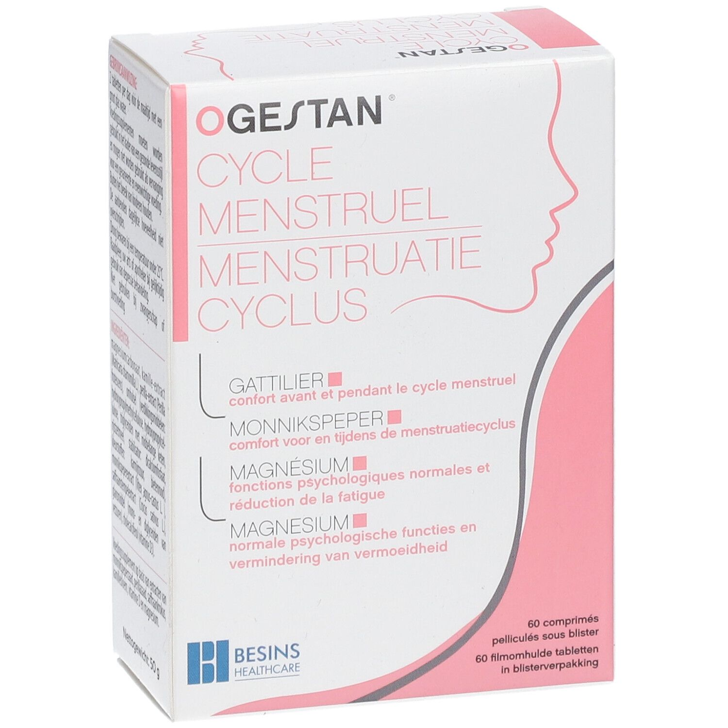 Ogestan Cycle Menstruel-Verpackung. Vorderansicht mit Produktnamen und Inhaltsangaben. 60 Tabletten.