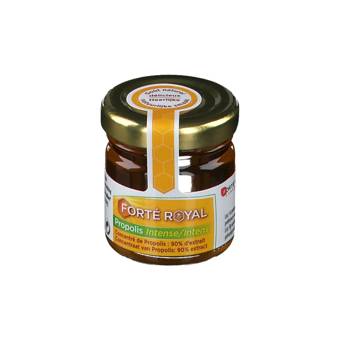 Glas mit Forté Royal Propolis Intensiv. Goldener Deckel, gelb-oranges Etikett. Text: Propolis Intense/Intens, 90% Extrakt.