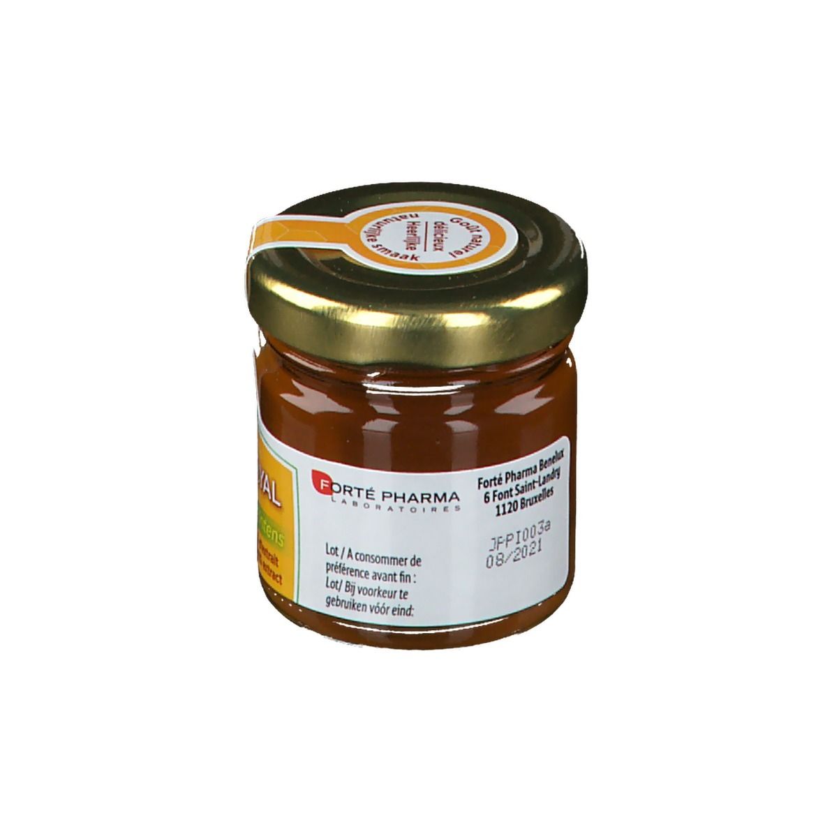 Glas mit Forté Royal Propolis Intensiv. Goldener Deckel, Etikett mit Text und Haltbarkeitsdatum. Marke: Forté Pharma.
