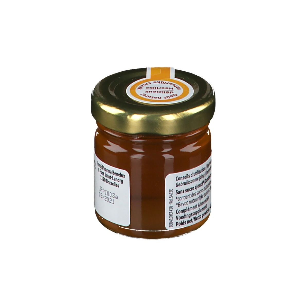 Glas mit Forté Royal Propolis Intensiv. Goldener Deckel, Etikett mit Text. Marke: Forté Pharma. Adresse: 1120 Brüssel.