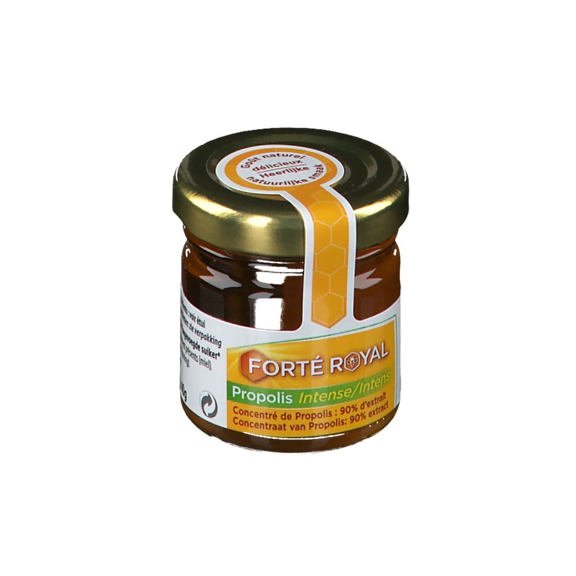 Glas mit Forté Royal Propolis Intensiv. Goldener Deckel, gelb-oranges Etikett. Text: Propolis Intense/Intens, 90% Extrakt.