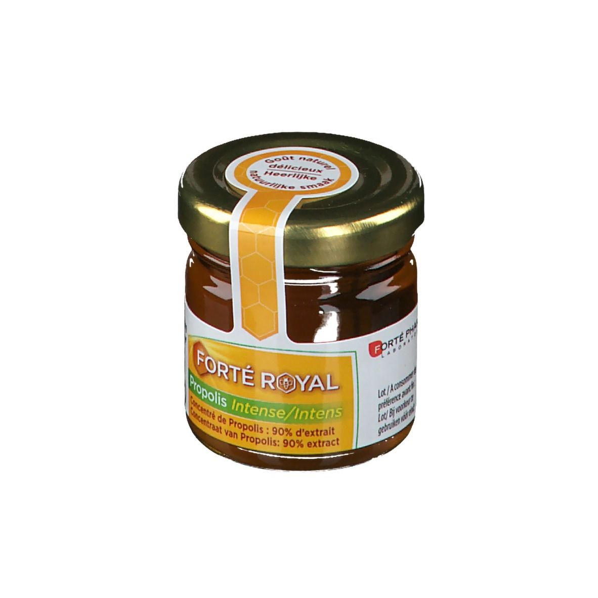 Glas mit Forté Royal Propolis Intensiv. Goldener Deckel, gelb-oranges Etikett. Text: Propolis Intense/Intens, 90% Extrakt.