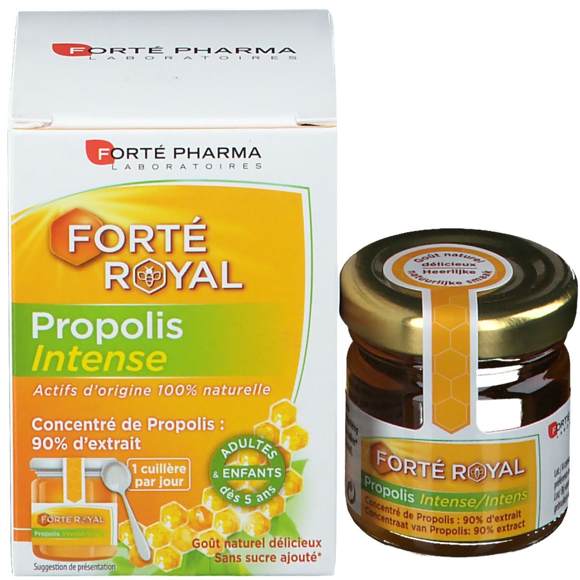 Produktverpackung und Glas mit Forté Royal Propolis Intensiv. Verpackung: weiß, gelb, grün. Text: Propolis Intense, 90% Extrakt.