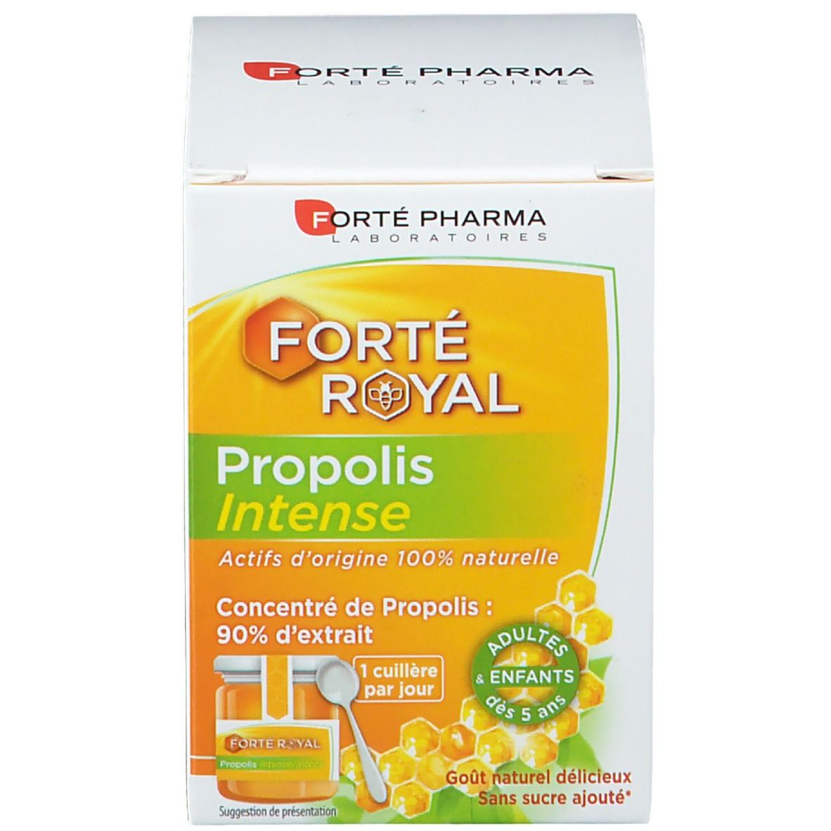 Produktverpackung und Glas mit Forté Royal Propolis Intensiv. Verpackung: weiß, gelb, grün. Text: Propolis Intense, 90% Extrakt.