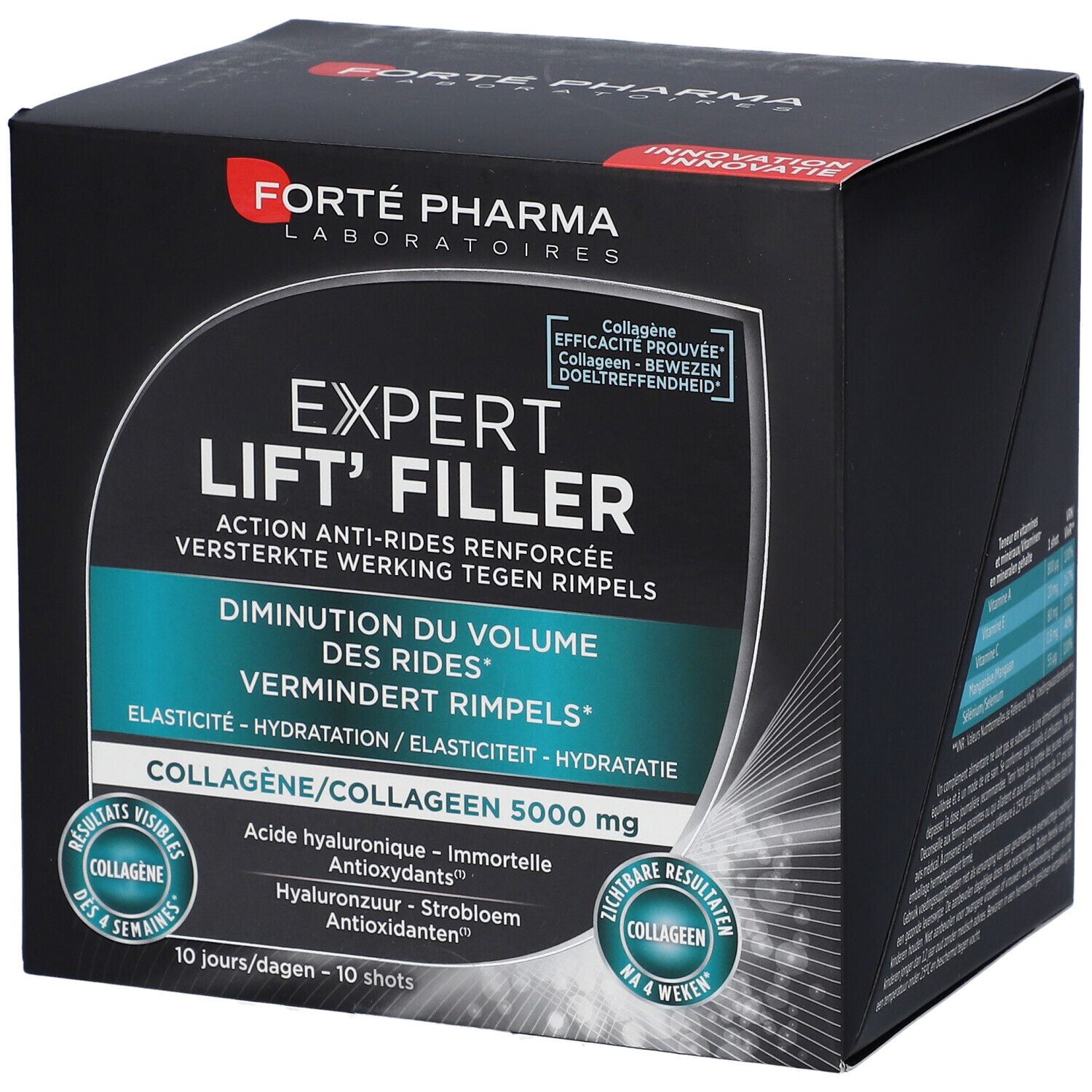 Boîte EXPERT LIFT' FILLER. Emballage noir avec nom et logo du produit. Contient 10 shots.