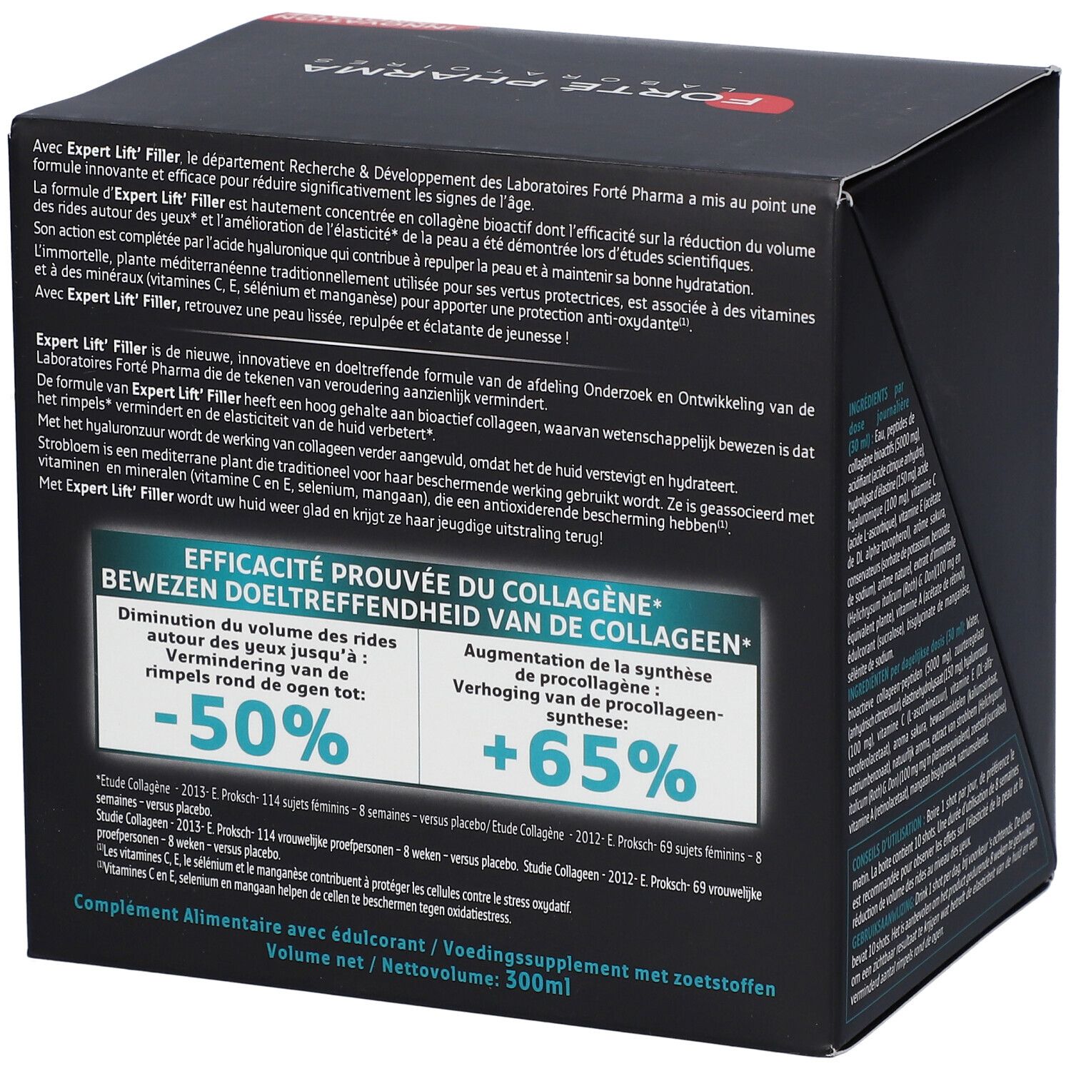 Boîte EXPERT LIFT' FILLER. Emballage noir avec informations et ingrédients du produit.