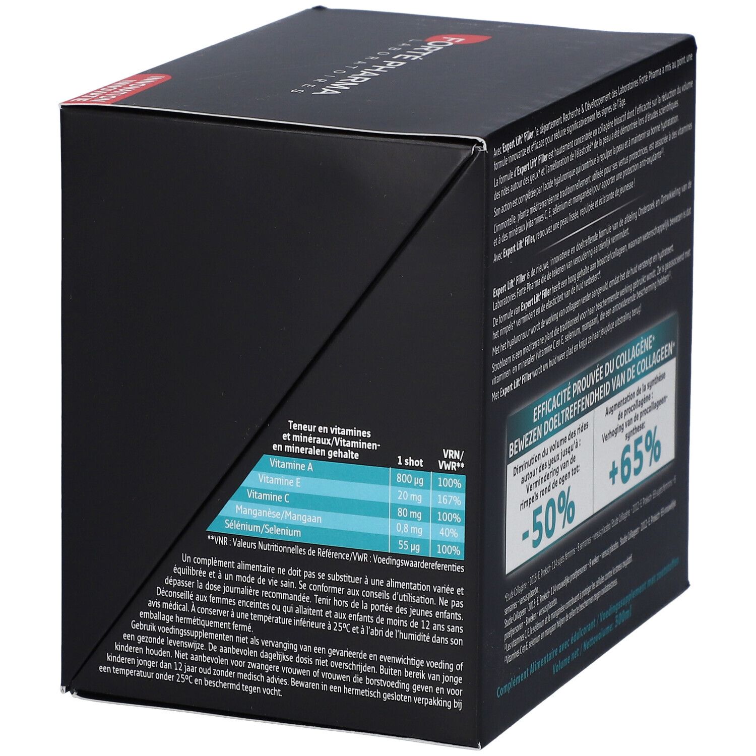 Boîte EXPERT LIFT' FILLER. Arrière avec informations sur l'efficacité et les ingrédients.