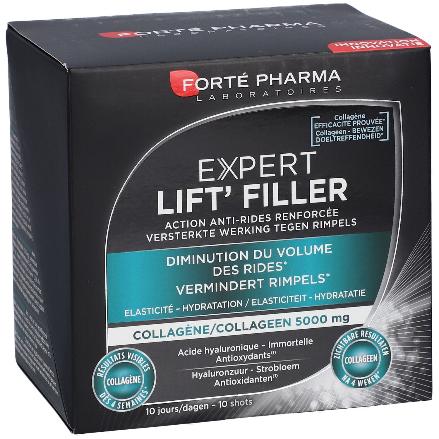 Boîte EXPERT LIFT' FILLER. Emballage noir avec nom et logo du produit. Contient 10 shots.