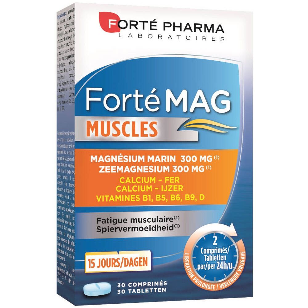Schachtel mit "Forté MAG MUSCLES". Enthält 30 Tabletten. Angaben zu Magnesium, Calcium, Eisen und Vitaminen.
