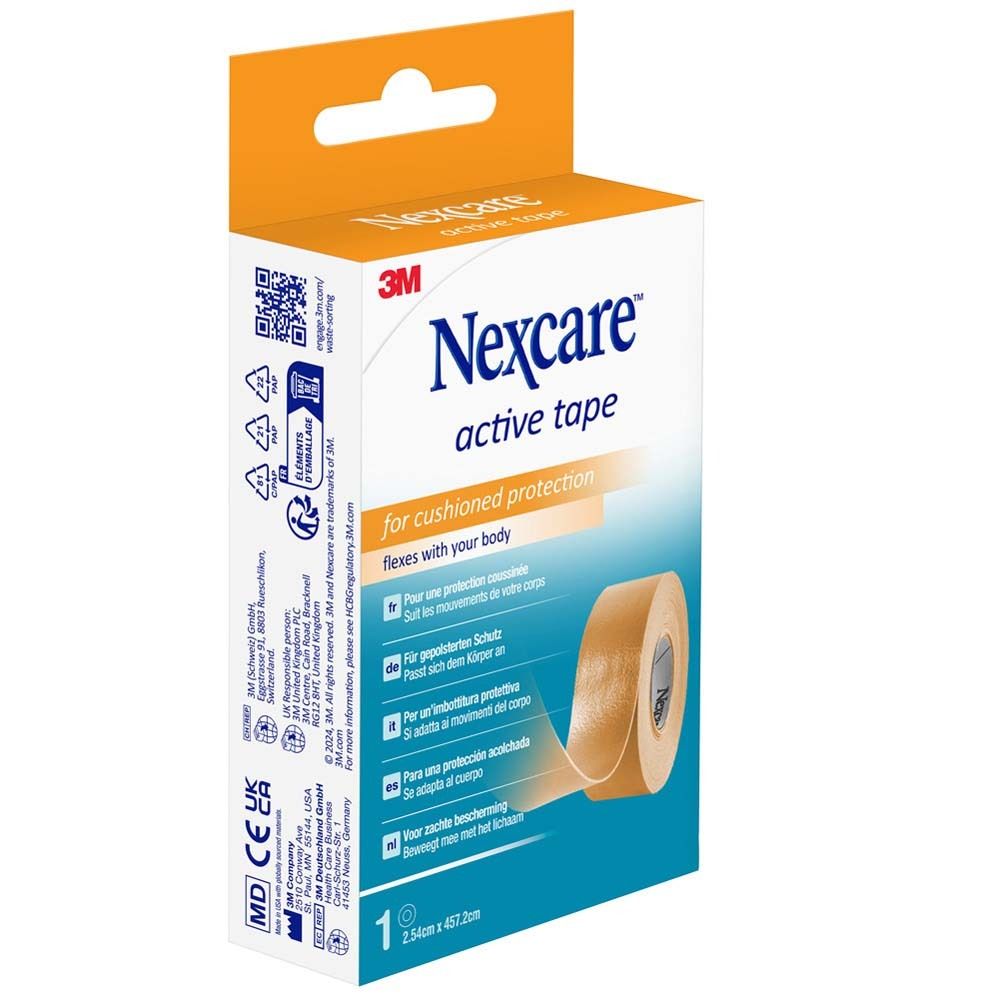Verpackung von Nexcare active tape. Orange-weiß. Rolle Tape sichtbar. 2,54 cm x 4,57 m.