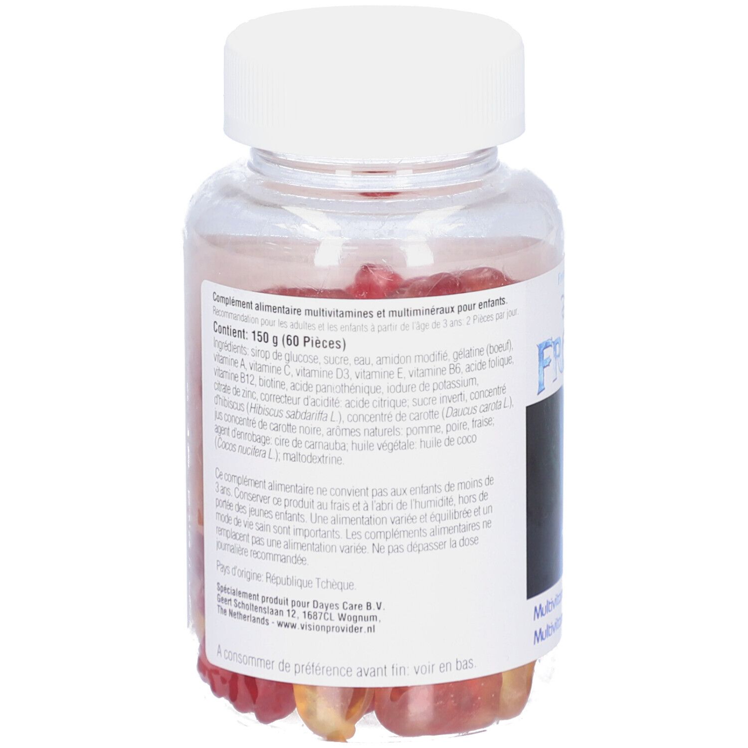 Klare Plastikflasche mit weißen Deckel. Enthält rote und gelbe Gummibärchen. Etikett mit Produktinformationen.