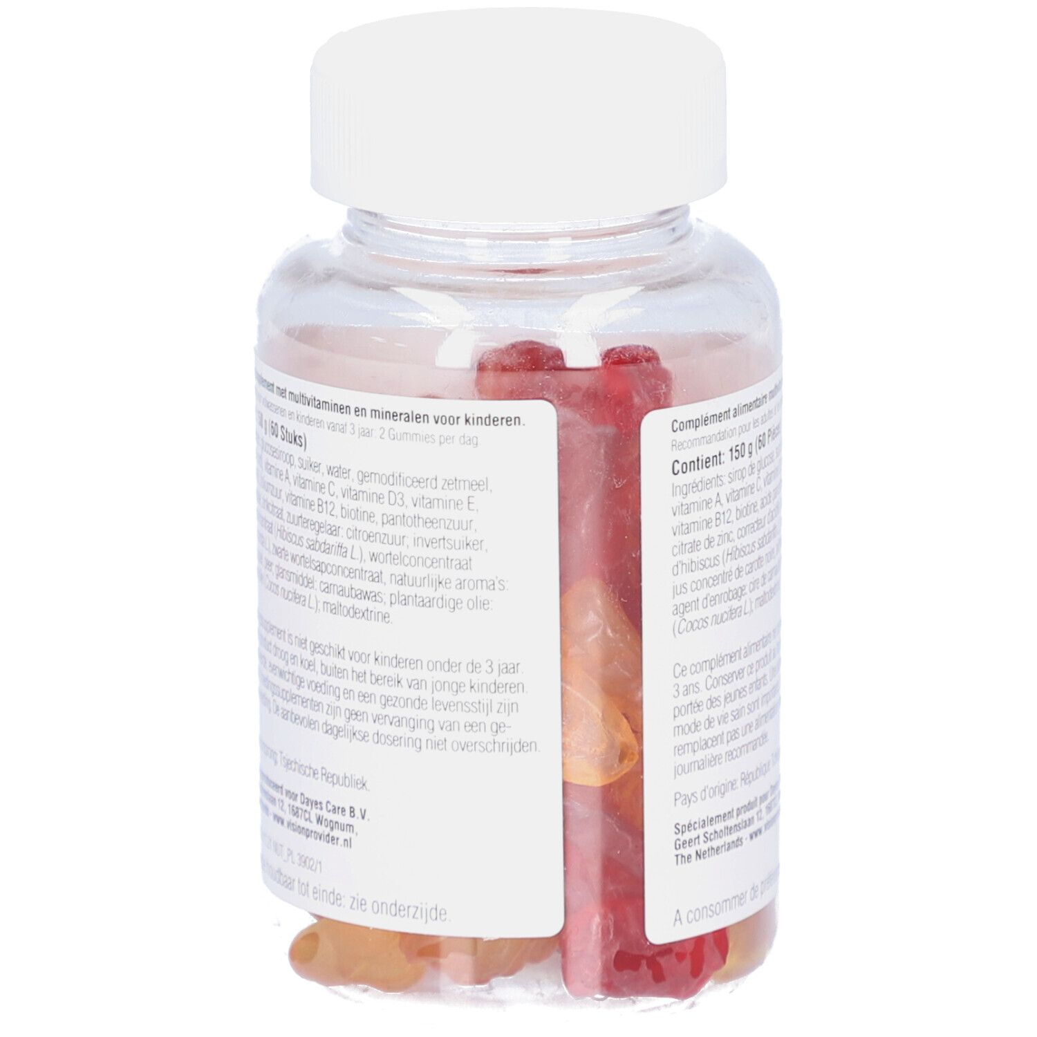 Transparente Flasche mit weißen Deckel. Enthält rote und gelbe Gummibärchen. Etikett mit Produktinformationen.