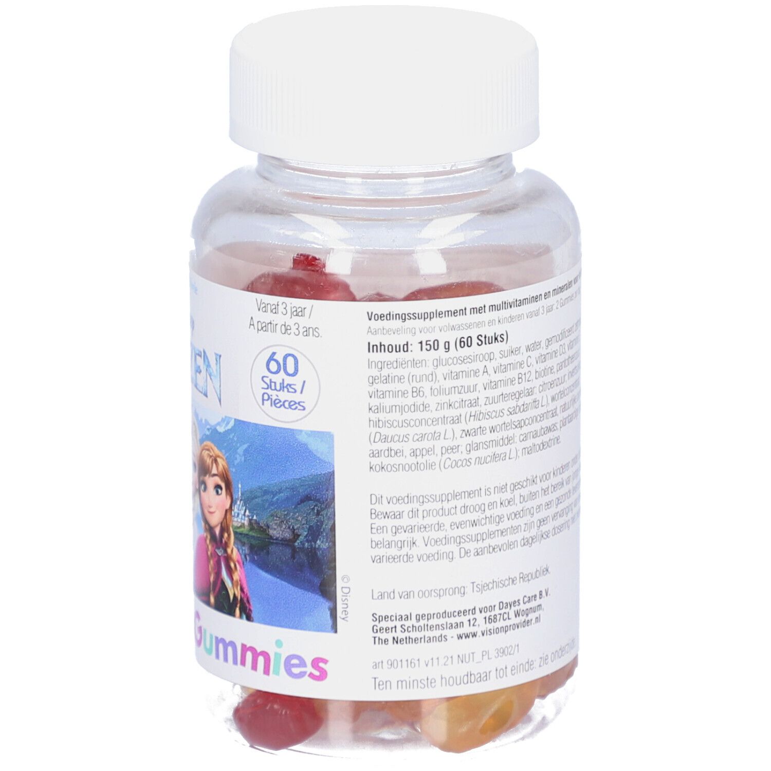 Transparente Flasche mit weißen Deckel. Enthält rote und gelbe Gummibärchen. Etikett mit Produktinformationen und Frozen-Motiv.