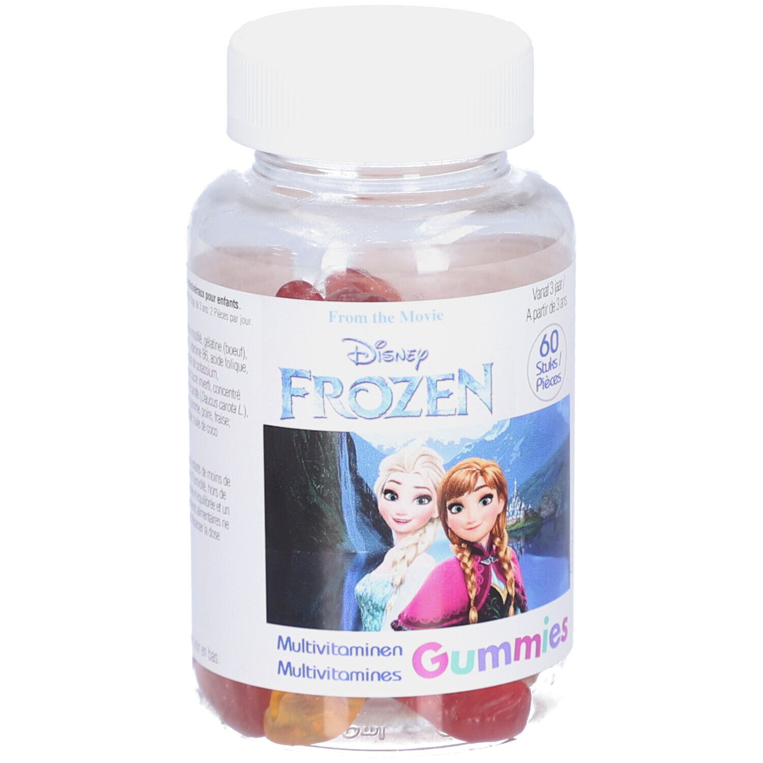 Transparente Flasche mit weißen Deckel. Enthält rote und gelbe Gummibärchen. Etikett mit Frozen-Motiv und Produktnamen.