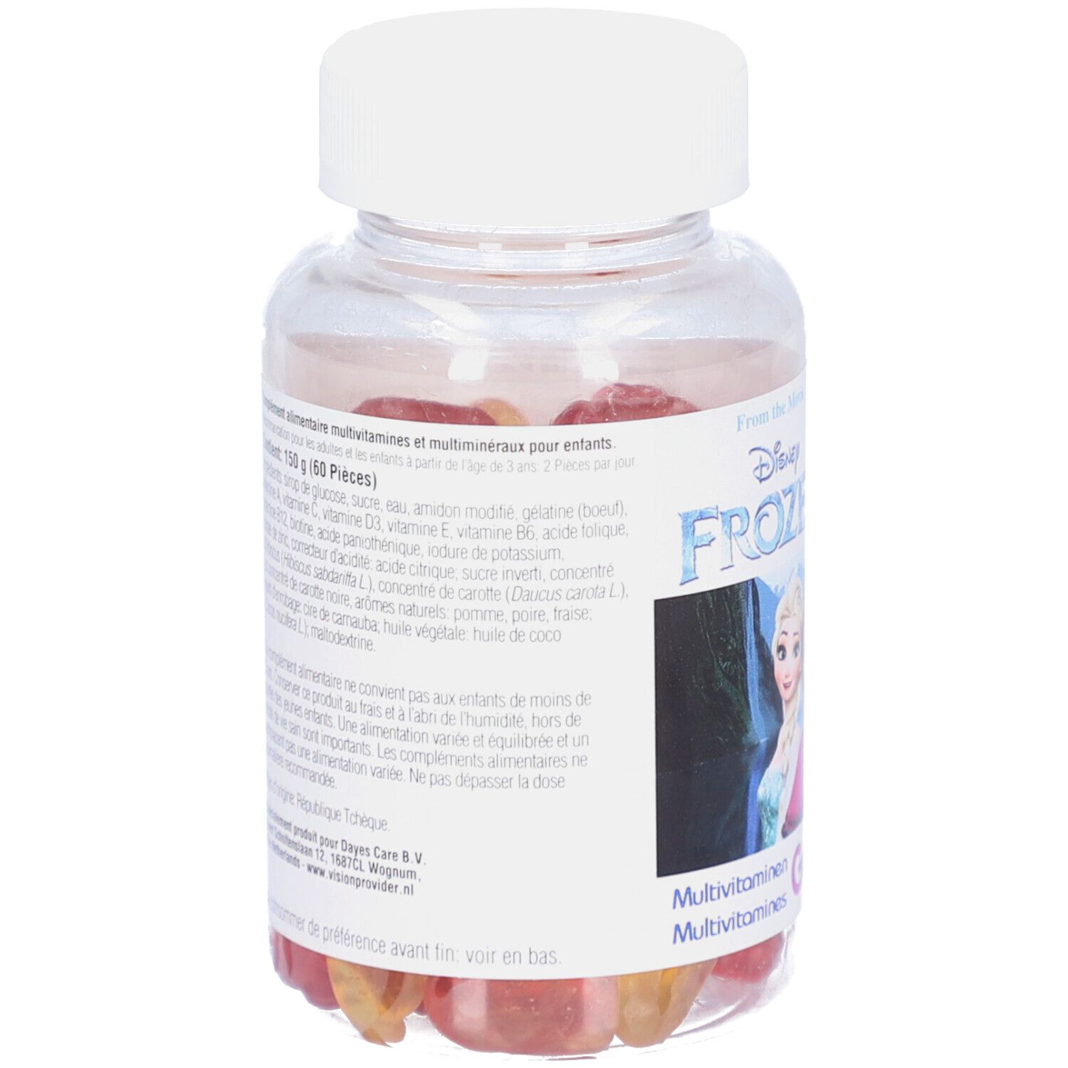 Transparente Flasche mit weißen Deckel. Enthält rote und gelbe Gummibärchen. Etikett mit Produktinformationen und Frozen-Motiv.