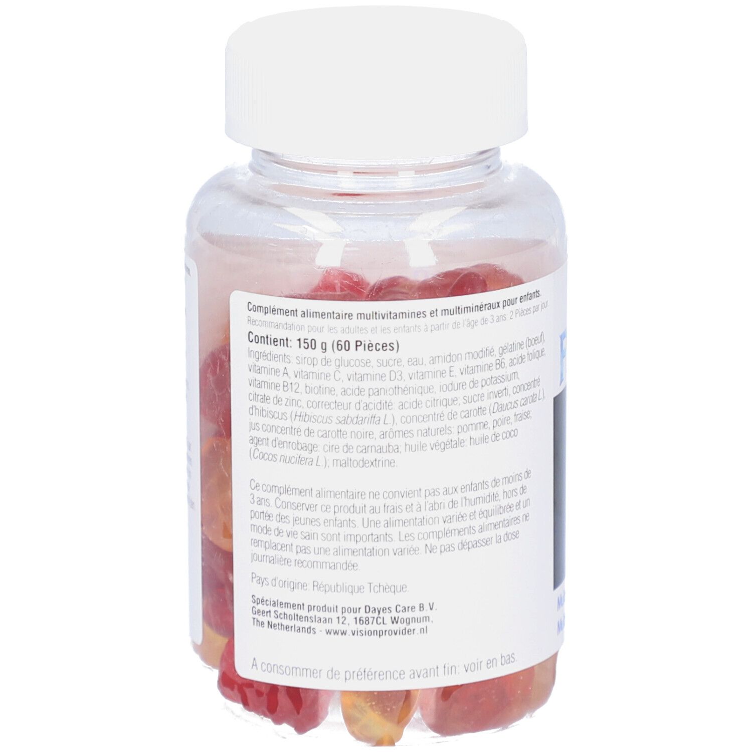 Transparente Flasche mit weißen Deckel. Enthält rote und gelbe Gummibärchen. Etikett mit Produktinformationen.