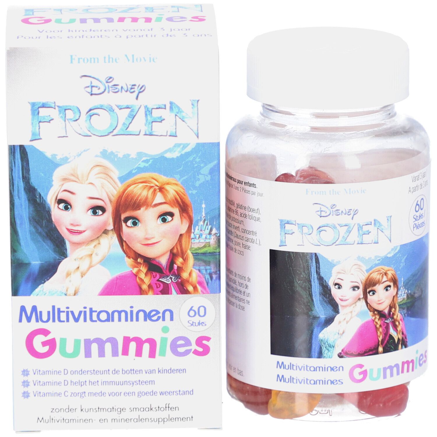 Produktverpackung und Flasche. Verpackung: rechteckige Box mit Frozen-Motiv. Flasche: transparent mit weißen Deckel, Gummibärchen.
