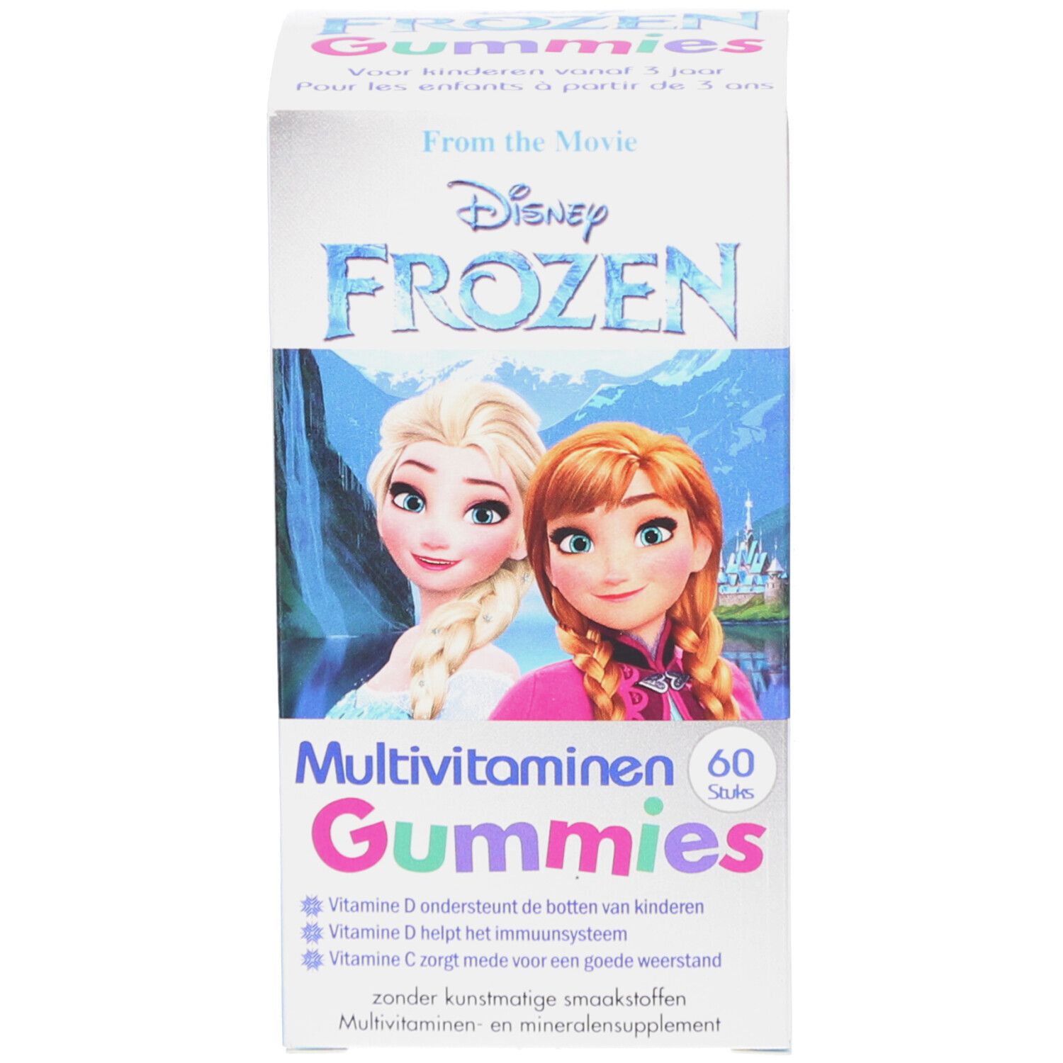 Rechteckige Box mit Frozen-Motiv. Enthält Produktinformationen und Abbildungen von Elsa und Anna.