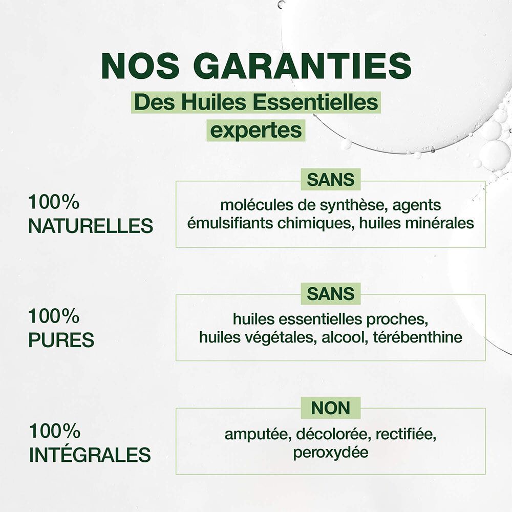 Garanties des huiles essentielles. 100% naturelles, pures et intégrales. Sans molécules synthétiques, etc.