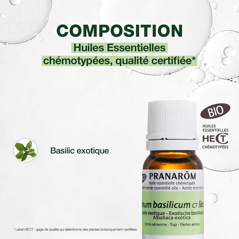 Composition : Huiles essentielles chémotypées, qualité certifiée. Basilic exotique. Bio.