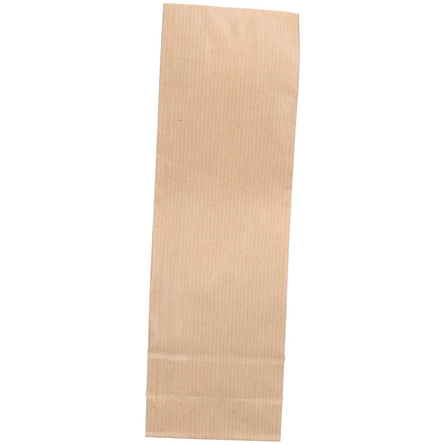 Sachet en papier brun, allongé, avec rayures verticales. Aucun autre détail visible.