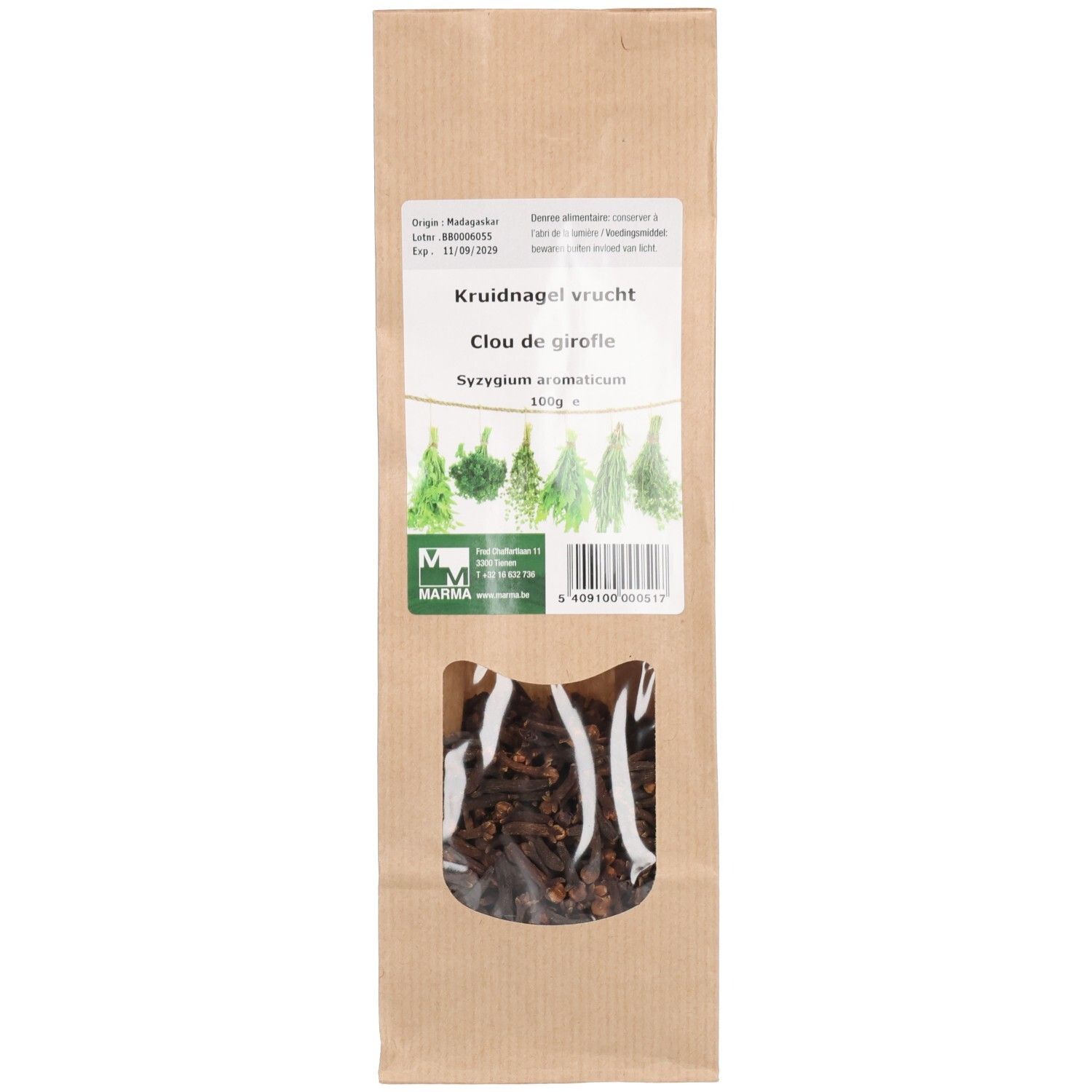 Braune Papiertüte mit Sichtfenster. Gewürznelken sind durch das Fenster sichtbar. Aufdruck mit Produktinformationen.