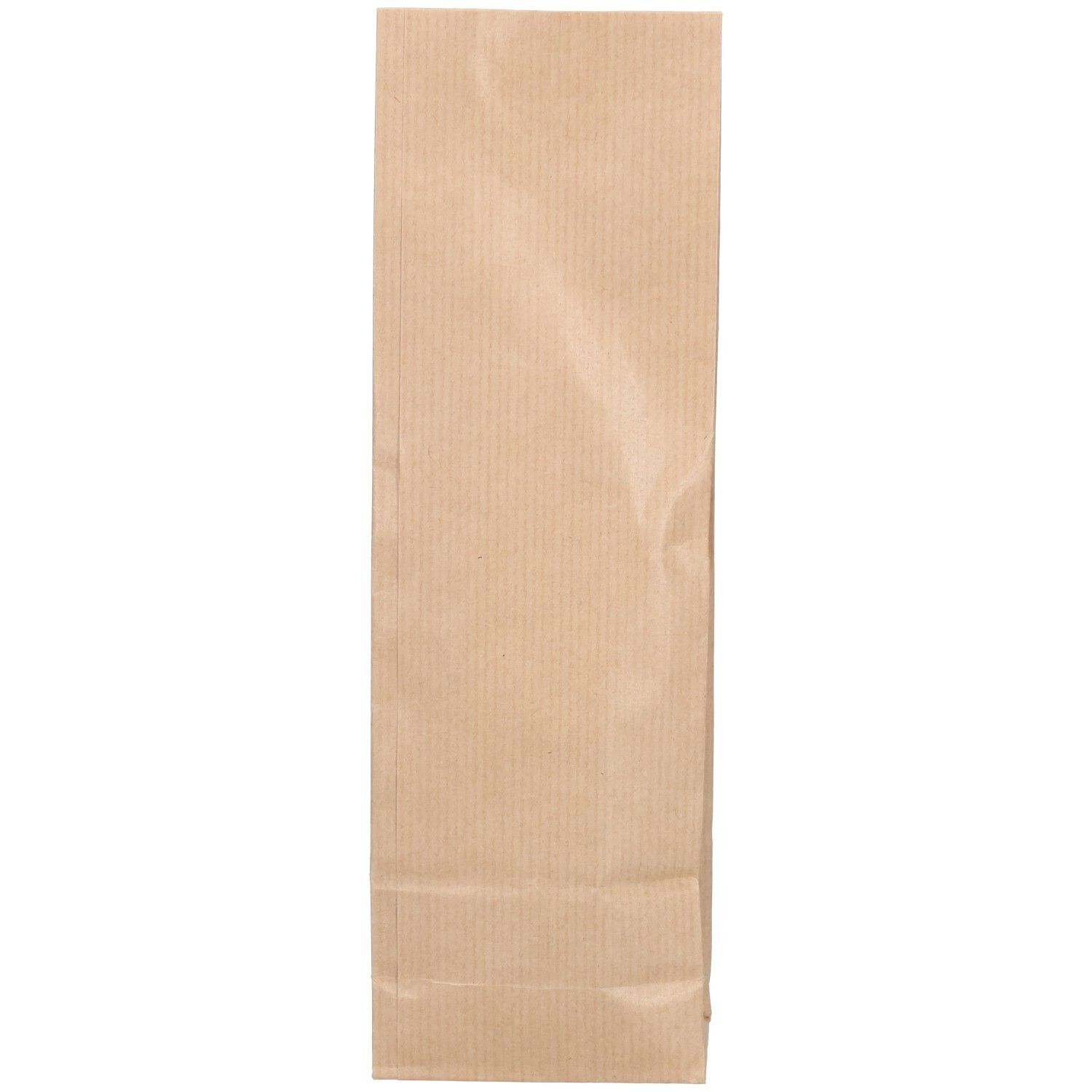 Braune Papiertüte, länglich, vertikal. Leere Verpackung ohne sichtbare Produkte oder Beschriftung.