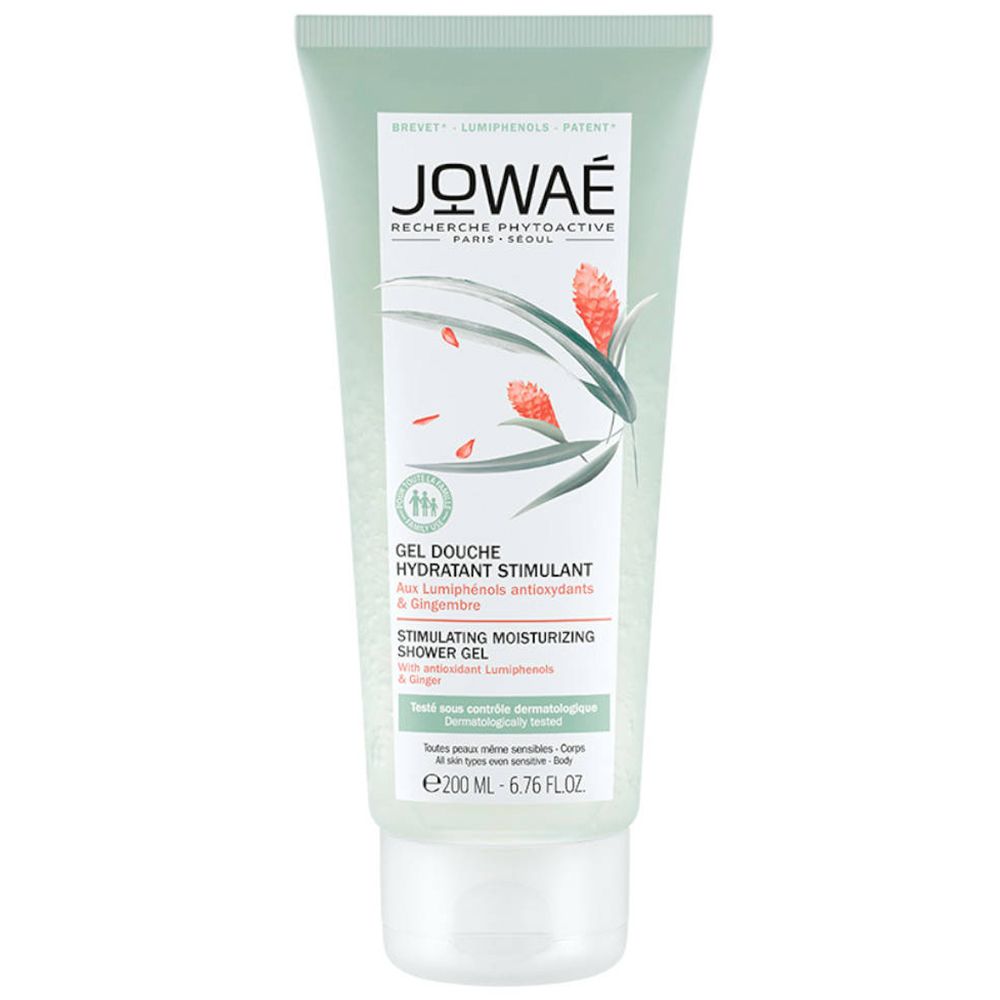 Grüne Tube JOWAÉ Duschgel. Text: Gel Douche Hydratant Stimulant. Mit Lumiphenolen und Ingwer. Dermatologisch getestet.