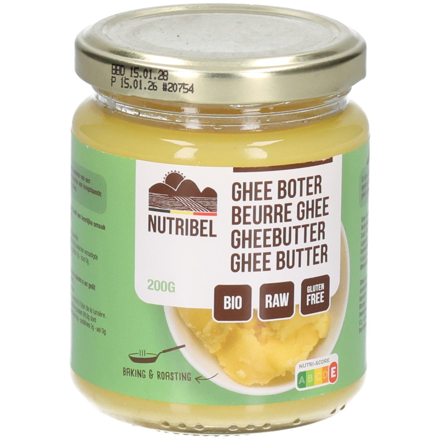 Glas mit Ghee-Butter. Aufschrift: Nutribel, Ghee Boter, Bio, Raw, Glutenfrei. 200g. Deckel mit Datumsangabe.