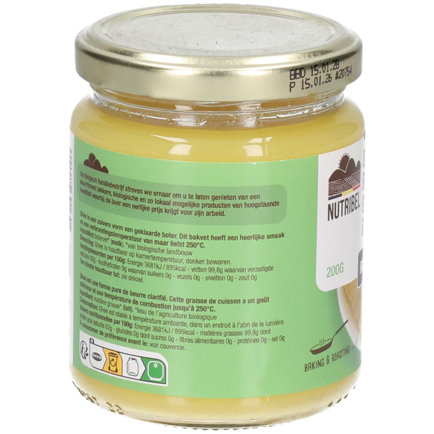 Rückseite eines Glases mit Ghee-Butter. Text auf grünem Etikett. Deckel mit Datumsangabe.