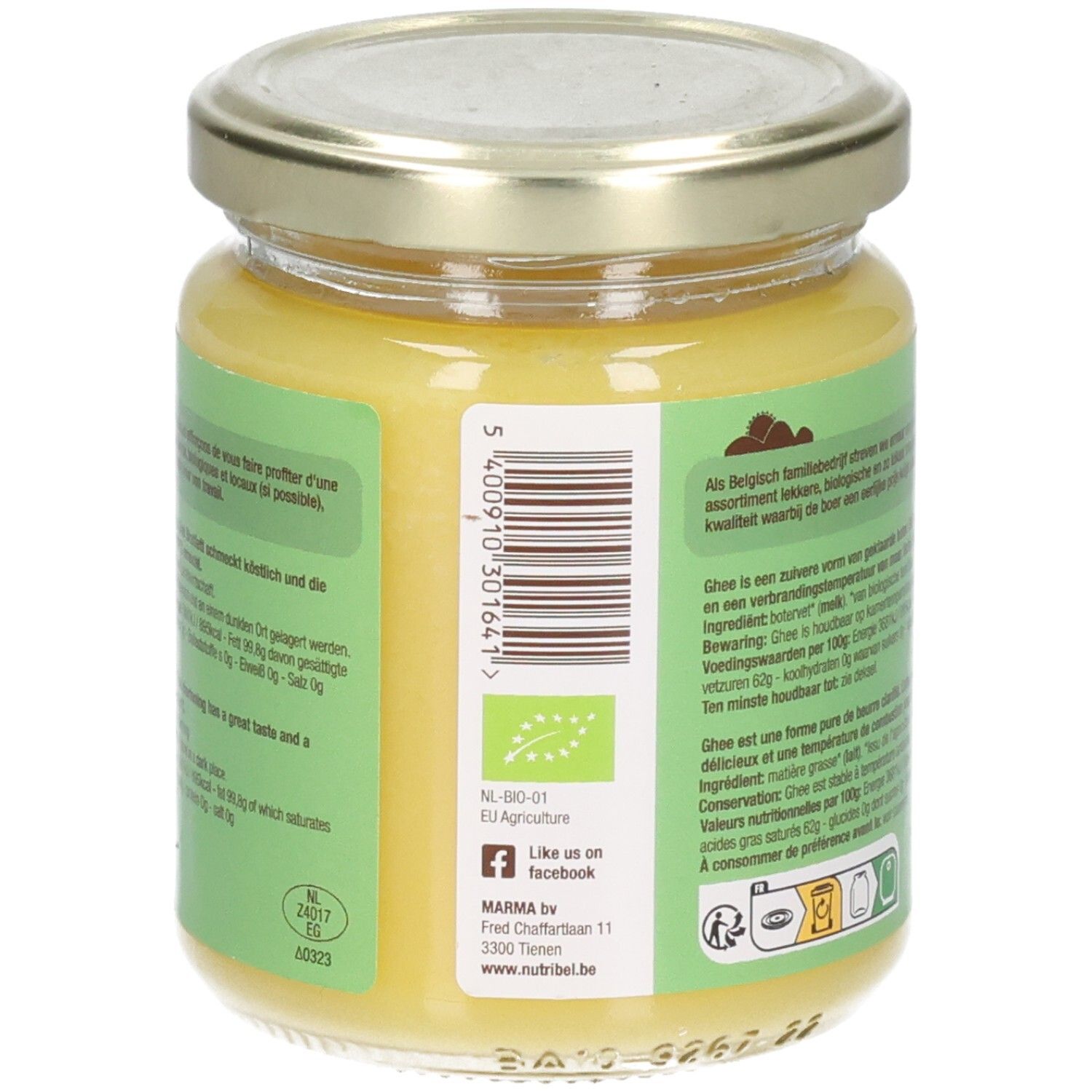 Rückseite eines Glases mit Ghee-Butter. Etikett mit Text und EU-Bio-Logo. Deckel mit Datumsangabe.