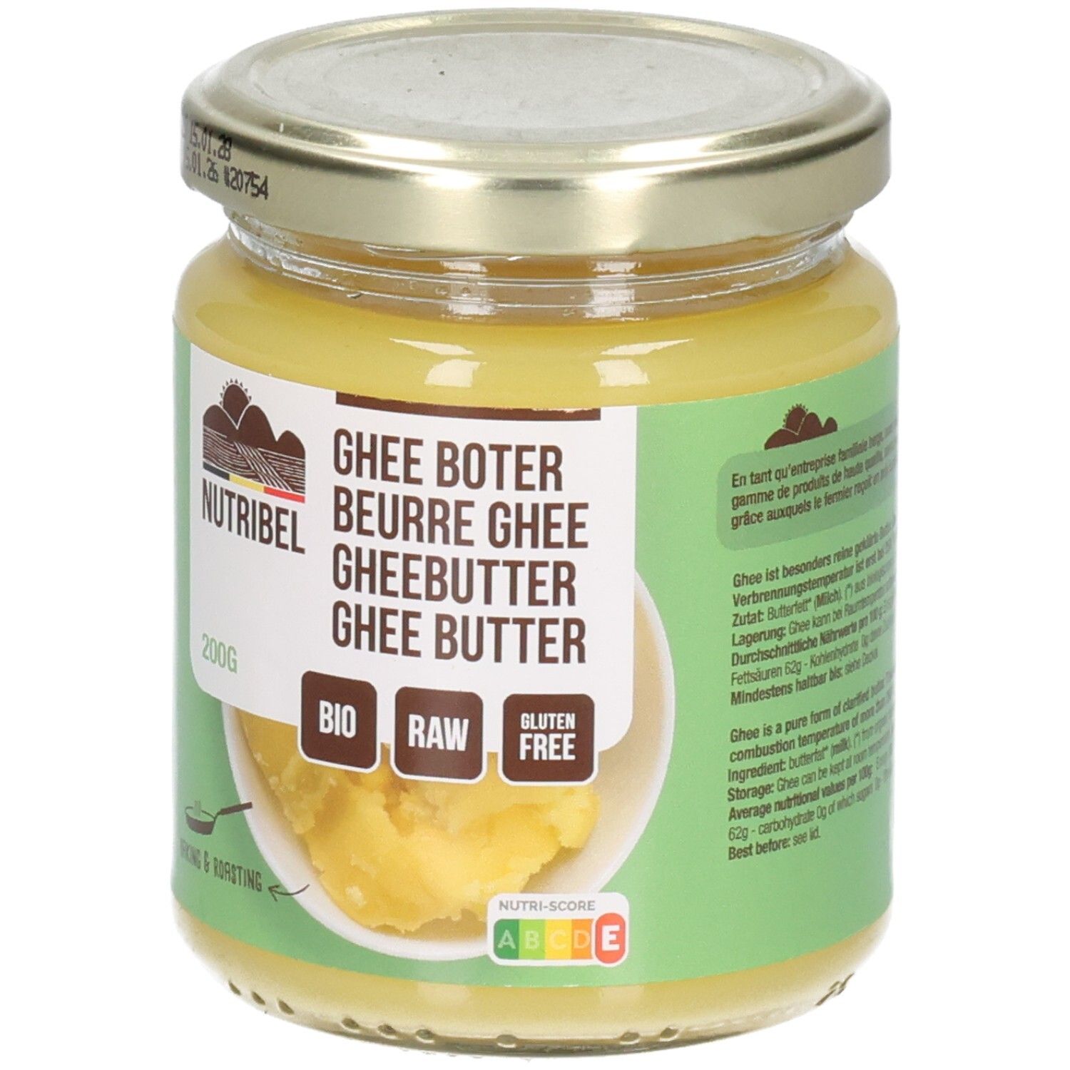 Glas mit Ghee-Butter. Aufschrift: Nutribel, Ghee Boter, Bio, Raw, Glutenfrei. 200g. Deckel mit Datumsangabe.