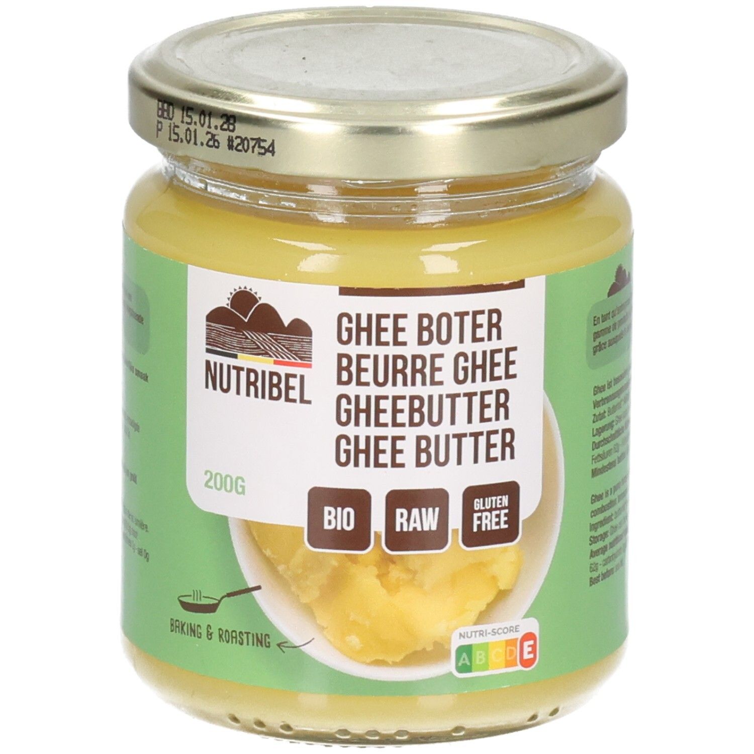 Glas mit Ghee-Butter. Aufschrift: Nutribel, Ghee Boter, Bio, Raw, Glutenfrei. 200g. Deckel mit Datumsangabe.