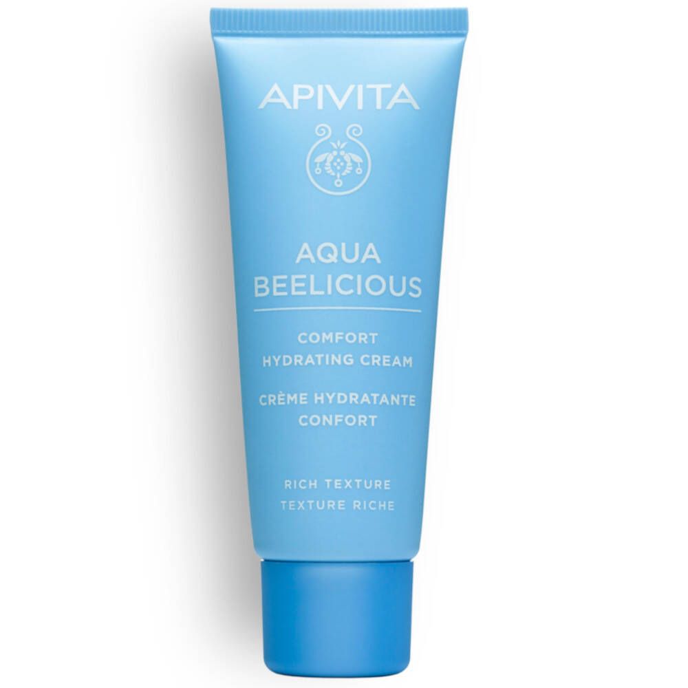 Hellblaue Tube mit blauem Deckel. Aufschrift: APIVITA, AQUA BEELICIOUS, Comfort Hydrating Cream. Reichhaltige Textur.