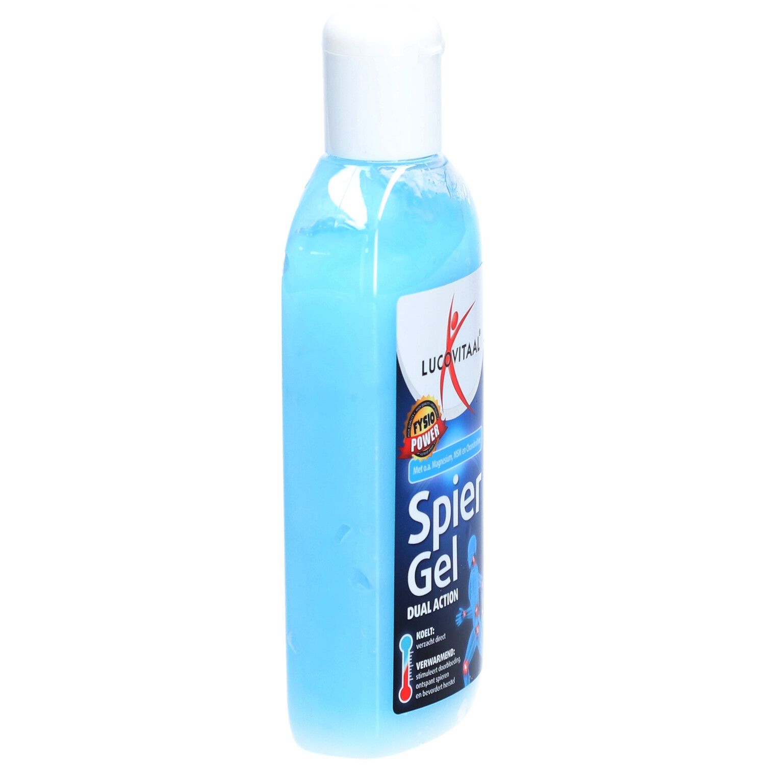 Gel bleu en flacon avec bouchon blanc. L'étiquette indique "Lucovitaal", "Spier Gel".