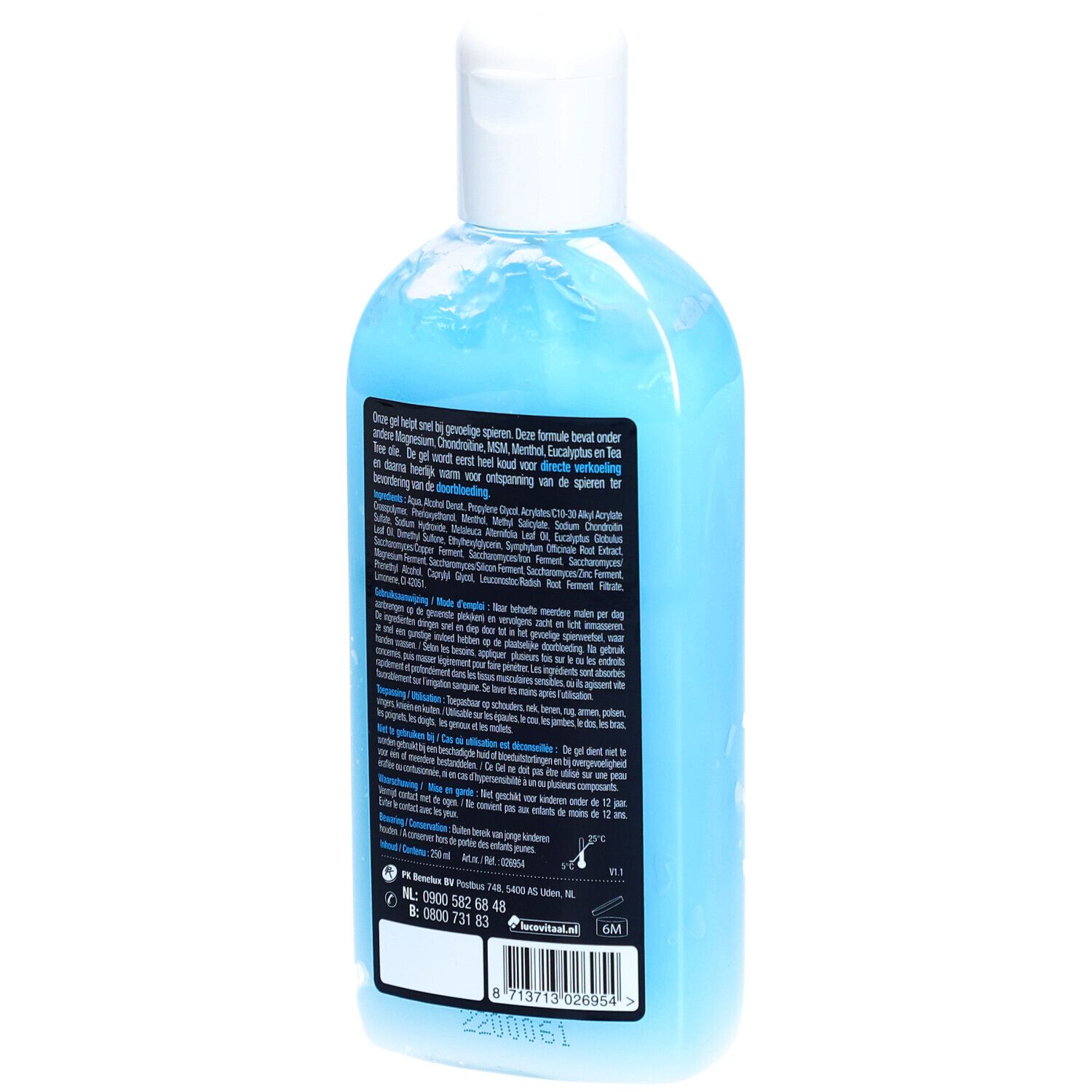 Dos d'une bouteille de gel bleu avec bouchon blanc. Texte sur l'étiquette.
