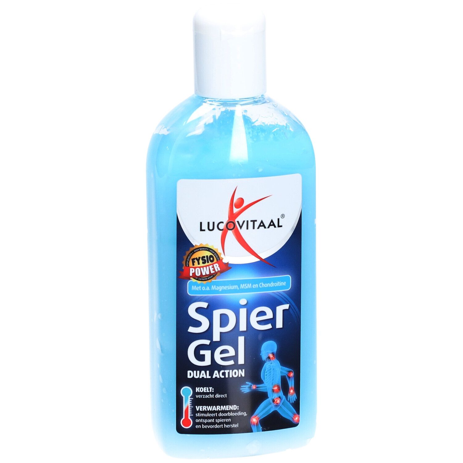Gel bleu en flacon avec bouchon blanc. L'étiquette indique "Lucovitaal", "Spier Gel" et une illustration d'un corps.