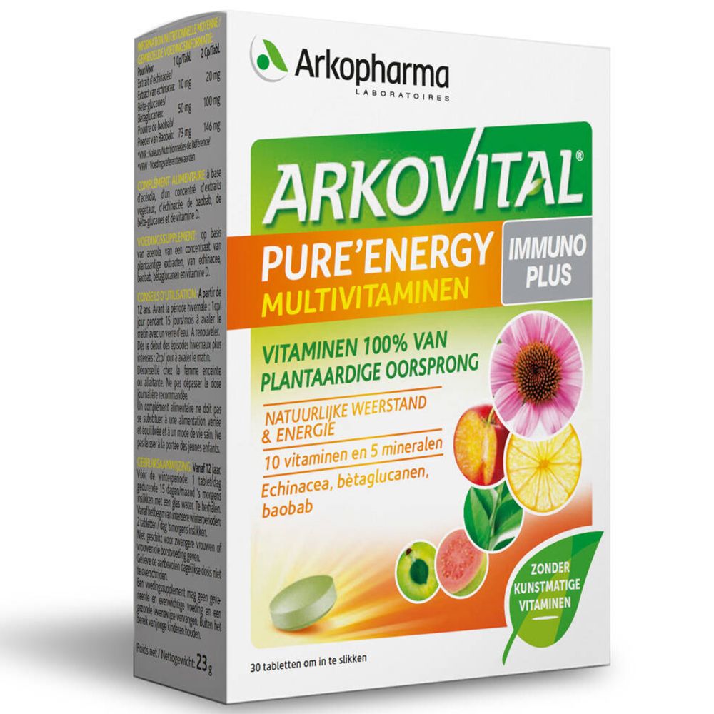Verpackung von ARKOVITAL® Pure Energy Multivitamin Immun Plus. Enthält 30 Tabletten. Mit Vitaminen, Mineralien und Pflanzenextrakten.