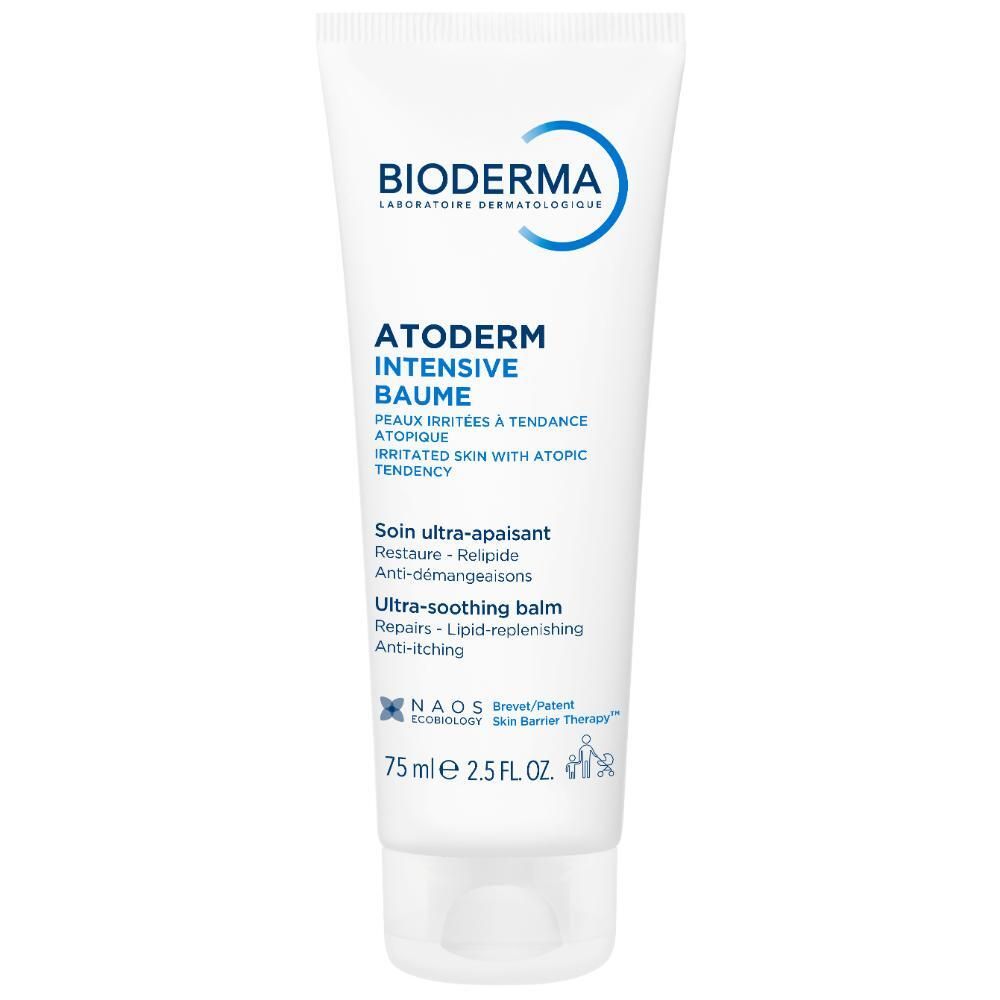 Tube. BIODERMA Atoderm Intensive Baume. Texte. Ultra-apaisant. Pour peaux sèches et sensibles. 75ml. Accents bleus.