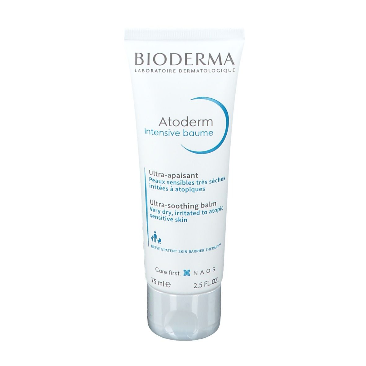 Weiße Tube. BIODERMA Atoderm Intensive Baume. Blaue Akzente. 75ml. Ultra-beruhigender Balsam für sehr trockene, gereizte Haut.