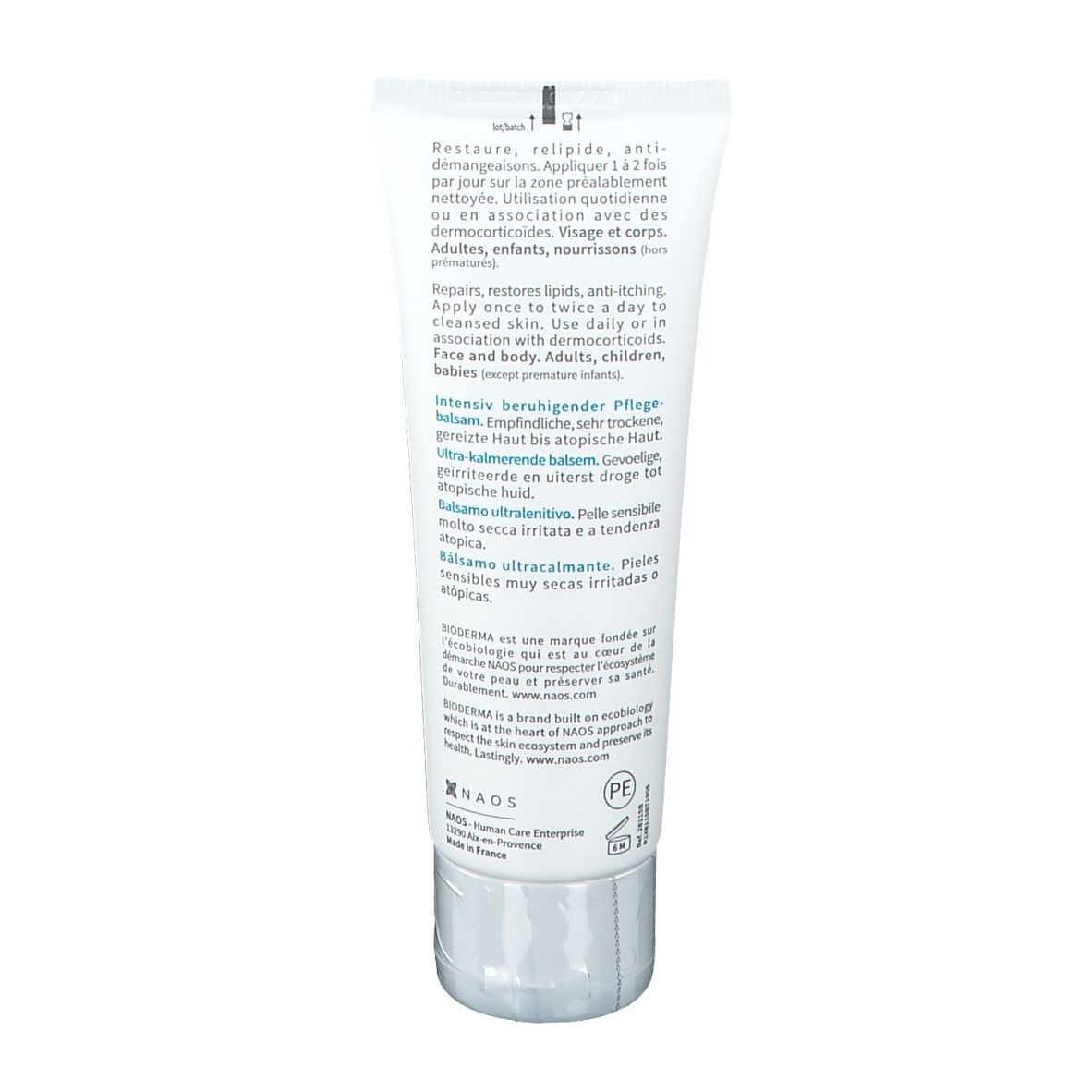 Rückseite der Tube. BIODERMA Atoderm Intensive Baume. Text. Repariert, lindert Juckreiz. Für Gesicht und Körper. PE-Zeichen.