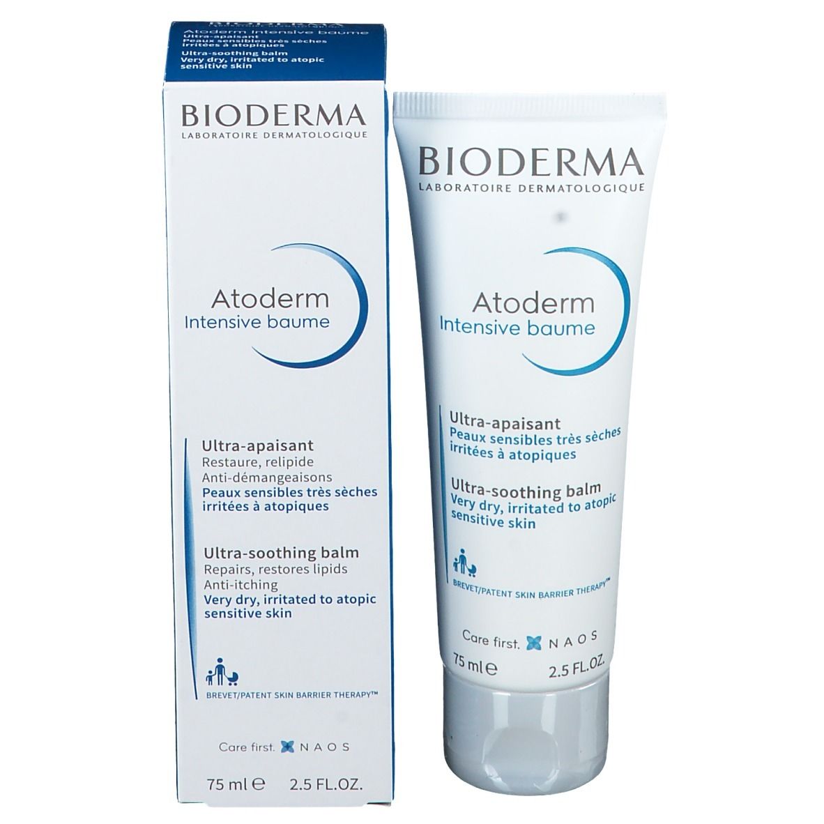 BIODERMA Atoderm Intensive Baume und Verpackung. Weiße Tube und Schachtel. Blaue Akzente. 75ml. Ultra-beruhigender Balsam.