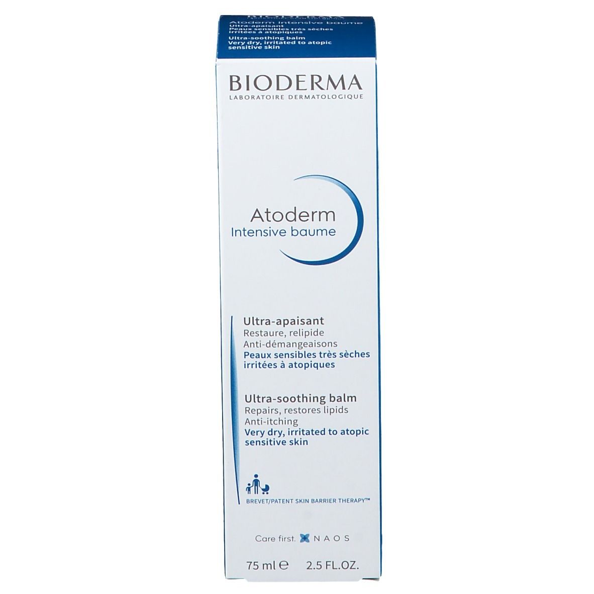 Verpackung. BIODERMA Atoderm Intensive Baume. Blaue Akzente. 75ml. Ultra-beruhigender Balsam für sehr trockene, gereizte Haut.
