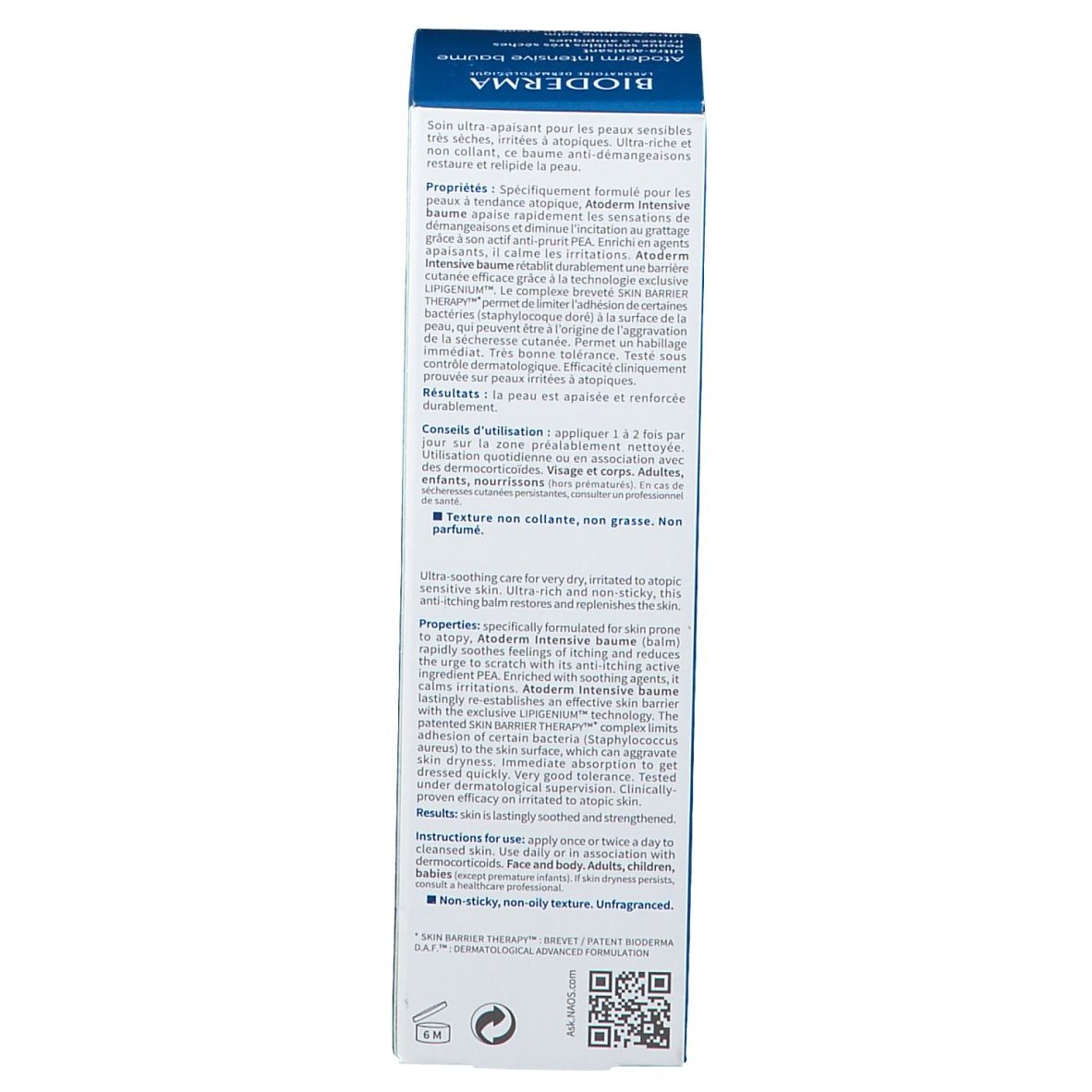Verpackung. BIODERMA Atoderm Intensive Baume. Text. Eigenschaften, Anwendung, Inhaltsstoffe. Blaue Akzente. Nicht fettend.