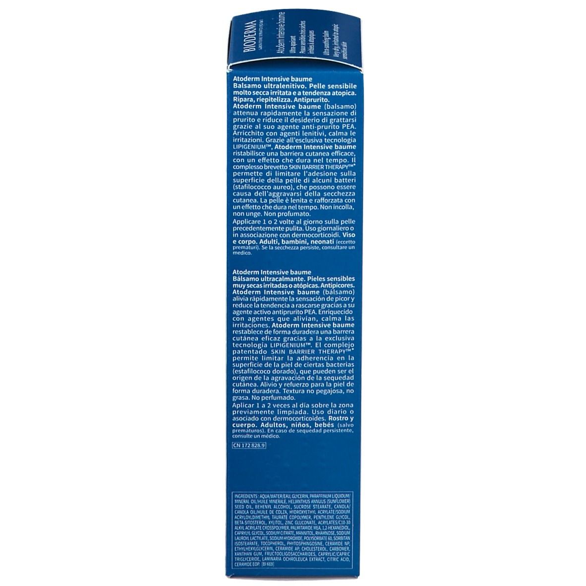 Verpackung. BIODERMA Atoderm Intensive Baume. Text. Eigenschaften, Anwendung, Inhaltsstoffe. Blaue Akzente. Nicht fettend.