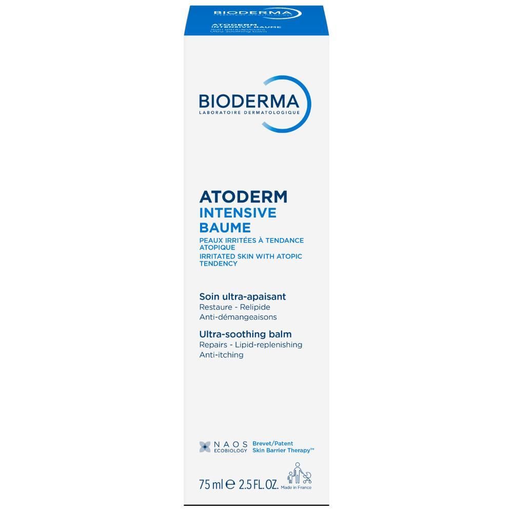 Emballage. BIODERMA Atoderm Intensive Baume. Texte. Ultra-apaisant. Pour peaux sèches et sensibles. 75ml. Accents bleus.