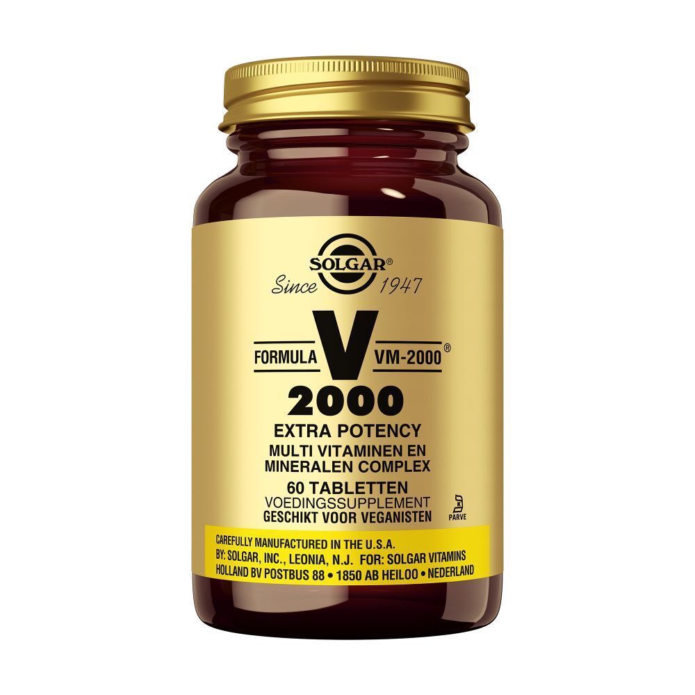 Flacon en verre brun avec couvercle doré. L'étiquette indique "Formula V 2000" et "60 comprimés".