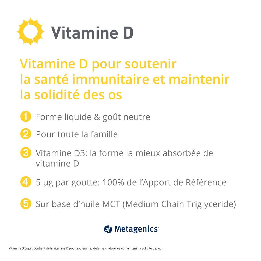 Boîte de Vitamine D. Inscriptions : Vitamine D, immunité, maintien des os, 90 ml, Metagenics.